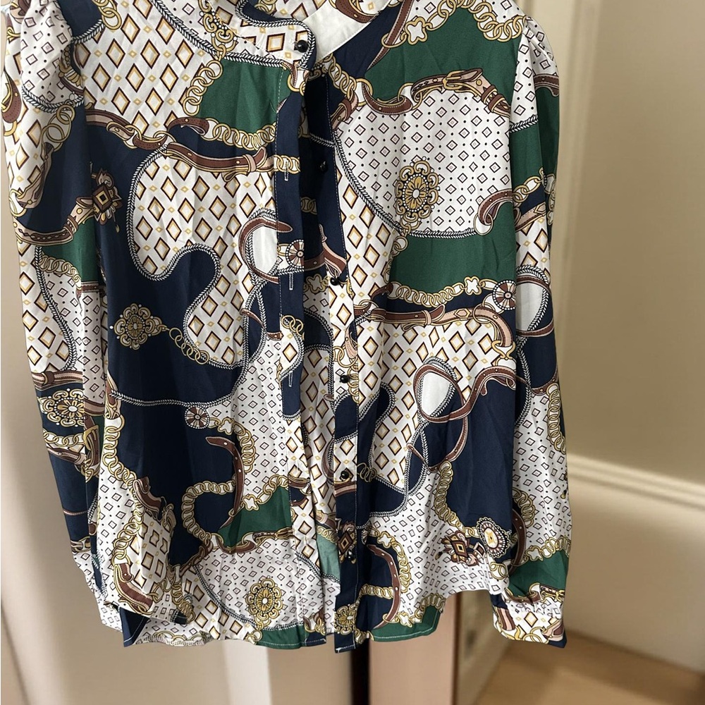Green and Blue 3/4 Sleeve Button Down Blouse